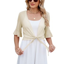 Famulily Womens Summer Tie Knot Bolero Shrug Plain Loose Thin Cropped Cardigans Casual Tie Up Wrap Tops Beige XL