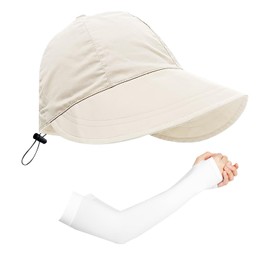 GVSAVY 1pcs Beige Women's Sun Visor Hat with 1 Pair of Sun Protection Sleeve Sleeves, Sun Protection Beach Hat, Outdoor Wide Brim Hat, Can Be Used for Camping, Travelling, Fishing, Shopping