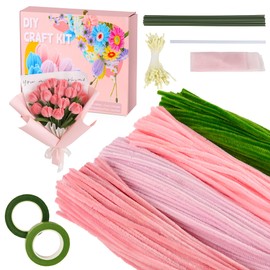 Muyuguit 400 Pcs Pipe Cleaners Craft Kit,Pink Pipe Cleaners Bulk for DIY Flower Bouquet,Multicolors Chenille Stems with Floral Wires, Gardening Tape, Stamen & Ribbon