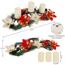 Joliyoou Christmas Tabletop Centerpieces, 17.5" L Christmas Poinsettia Candle Holder with 3 Battery Operated Light Up Candle Lights, Metal Candelabrum for Xmas Holiday Table Mantel Decoration