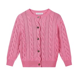 SMILING PINKER Little Girls Boys Aran Cardigan Toddler Cable Knitted Crew Neck Button Up Chunky Sweater Jacket(Pink,8-9Years)