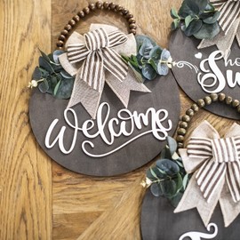 Welcome Sign for Front Door Wreath Decorations for All Seasons Front Porch Decor Hanging Gift for Farmhuose Home Outdoor Indoor(Welcome)