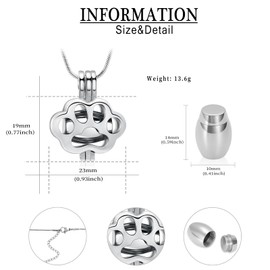 QGJNSGC Pet Cremation Jewellery for Ashes for Dogs Cats Paw Print Memorial Locket Urn Necklace with Mini Case Keepsake Cremation Jewellery for Women / Men, Stainless Steel, No Gemstone