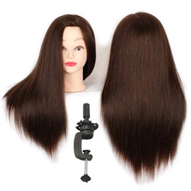 20 Inch 60% Human Hair Training Practice Head Styling Cutting Mannequin Manikin Head with Free Clamp Holder Brown Hair Doll Head