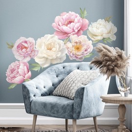 SHUCHING Large Flower Wall Sticker Peel and Stick, Vinyl Peony Wall Decal, Realistic Pink and White Floral Wall Decor Art for Living Room Girl Bedroom