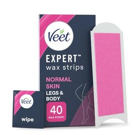 Veet Veet Cold Wax Strips Normal Skin, 40 Count With 4 Finish Wipes, Leg Hair Removal, Shea Butter, Smooth Long-Lasting Results, Ideal Men, Easy Waxing Solution