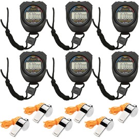 Vegena YT-WJ-miaobiao-6s Digital Sports Stopwatch Timer Comes, Handheld Chronograph with 6 Whistles, Alarm Clock, Calendar, Digital Stopwatch for Sports, Black, Pack of 6