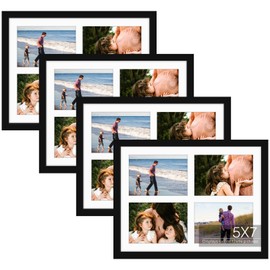 Golden State Art, 12X16 Black Wood Frame - Picture Frame with White Mat Displays Four 5X7 Photos - Collage Frame - Tempered Glass, Sawtooth Hanger, Swivel Tabs, 4 Pack