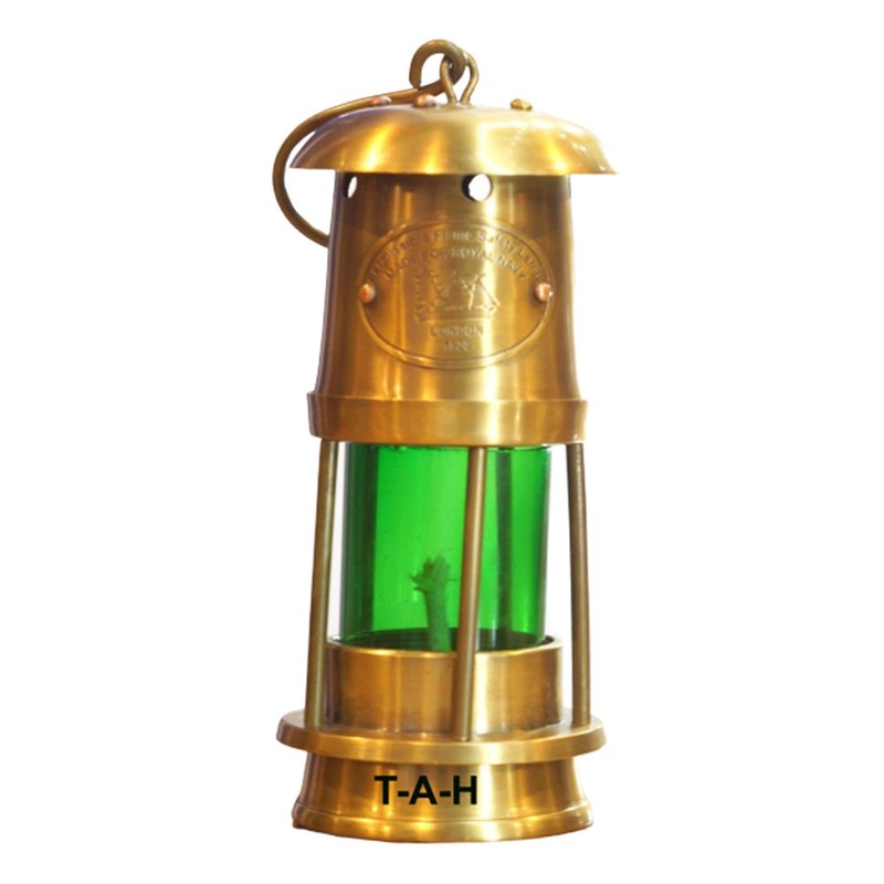Antique Brass Miner Oil Lamp Nautical Maritime Green Glass Ship