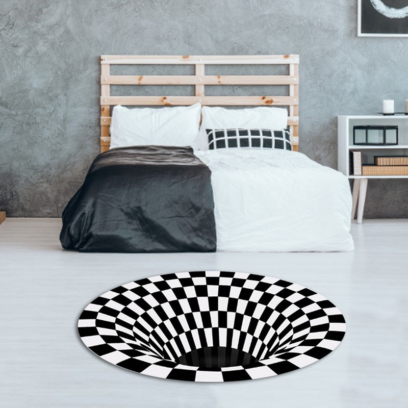 Round Black White Grid Carpet 3D Vortex Room Bedroom Anti