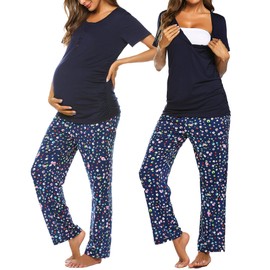 Ekouaer Women's Maternity Nursing Pajamas Set Breastfeeding Sleepwear Short Sleeve Top & Pants Pjs for Pregnant Navy Blue Print M