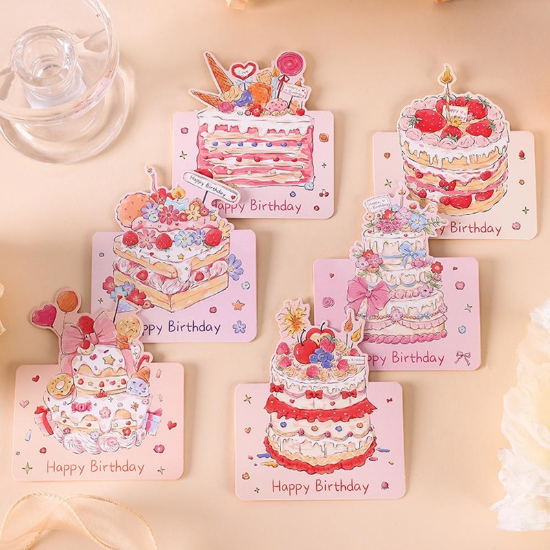 Youchicnow メッセージカード バースデーカード 6枚セット 水彩風ケーキデザイン 折りたたみ式 グリーティング お誕生日おめでとう 感謝カード ミニレター