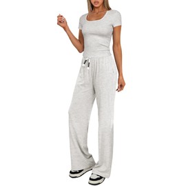 Darong Women 2 Piece Outfits Sweatsuit Set 2024 Summer Round Neck Fitted Top Wide Leg Sweatpant Lounge Set Tracksuit 9056 Light Grey L
