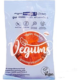 Vegums Fish-Free Omega-3 for Kids and Adults | 30 Orange-Flavoured Food Supplement Gummies with Omega-3 (DHA) Sourced from Marine Algae & Vitamin E | Suitable for Vegans and Vegetarians