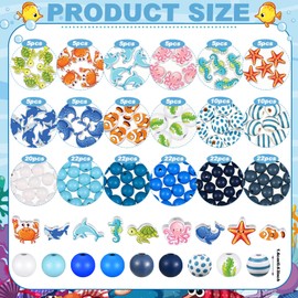 200 Pcs Ocean Theme Wood Beads for Crafts Colored Wooden Beads with Holes Blue Nautical Beads Starfish Conch Seashell Round Spacer Beads Polished for DIY Art Summer Beach Party Decor