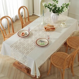 meioro Crocheted Tablecloth, 140 x 200 cm, Rectangular Tablecloths, Lace Boho Tablecloth, Modern Beige Wedding Table Linen, Vintage Tassel Tablecloth for Kitchen, Dining, Indoor, Holiday, Party, Table
