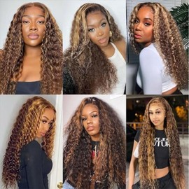 Ombre Deep Wave Lace Front Wigs Human Hair Pre Plucked 4/27 Highlight 13x4 Lace Frontal Closure Wigs for Women Human Hair 150% Densitys Glueless Brazilians Curly Lace Front Human Hair Wig with Baby Hair 18 Inch