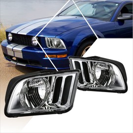 Pair of Headlight Assembly Compatible with 05-09 Ford Mustang | Headlamps with Chrome Housing Clear Corner