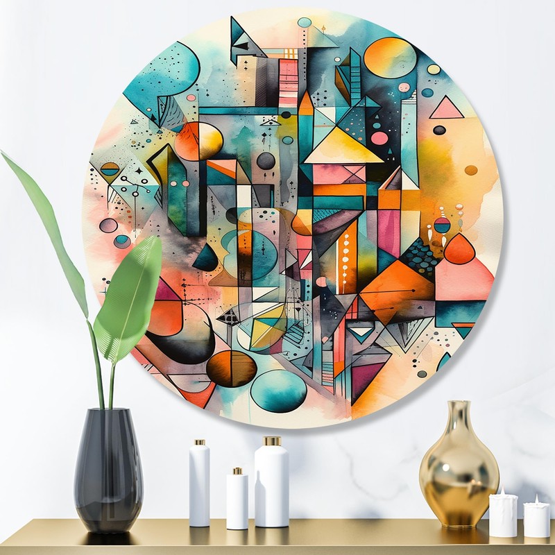 DesignQ Round Metal wall art, Geometry in Balance Blue and