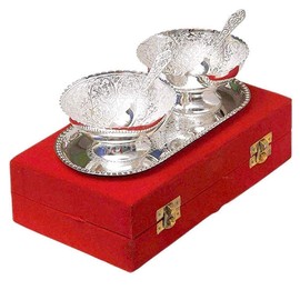 JR Gifts And Handicrafts Silver Plated 2 Bowls 2 Spoon with 1 Plate in Royal Velvet Gift Box | Diwali Gifting | Corporate Gifting | Anniversary Gifting | Birthday Gifting, Wedding Return Gift