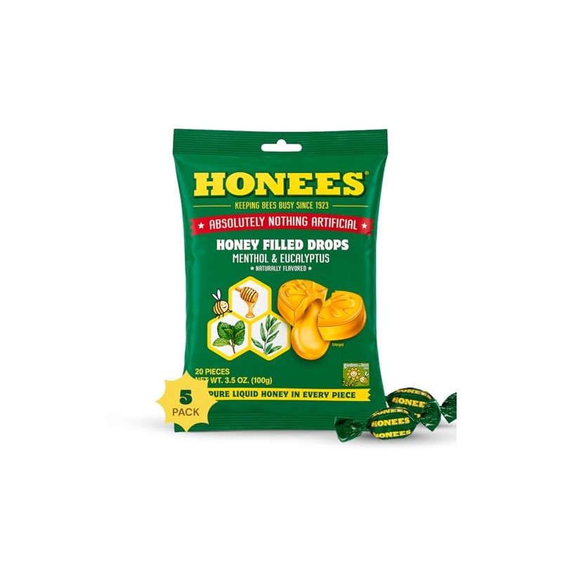 Honees Filled Menthol Cough Drops, Honey, Menthol & Eucalyptus Cough