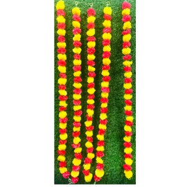 Artificial Flower Marigold Flower Garland 5 String Party Genda phool mala 5 Feet Long Each String for Home Diwali Decoration Margenta and Yellow
