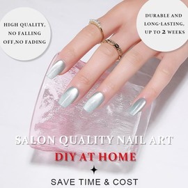 evpct Cat Eye Coffin Press on Nails Square Medium, Medium Square Glue on Nails for Women Gift, Teal Green Metallic Glitter Glossy Reusable Spring Summer Gel Press on Acrylic Fake Nail with Designs