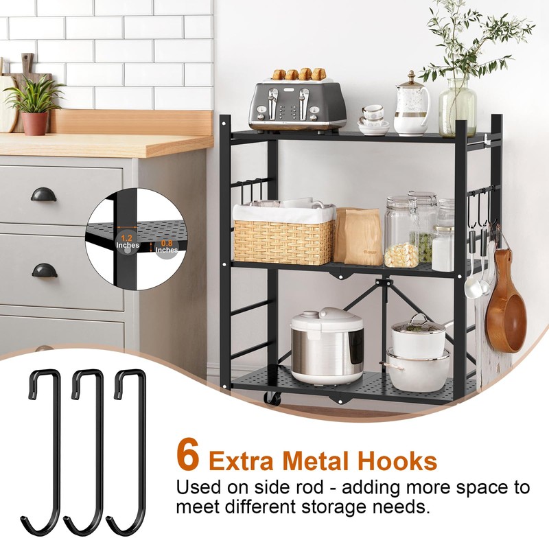 Himix Storage Shelves with 6 Hooks, 3 Tier Foldable Shelf