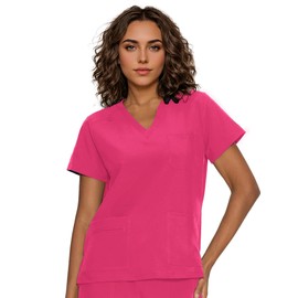 floralhue Scrub Tops for Women, Curved V-Neck Scrub Tops with 3 Pockets, Soft Stretch, Easy Care,Hot Pink,L