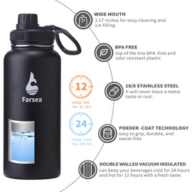 Farsea Insulated Water Bottle With Paracord Handle, Protective Boot and 2 Lids (Straw Lid & Spout Lid), Stainless Steel Water Bottle Wide Mouth, Double Wall Sweat-Proof BPA-Free, 32 oz