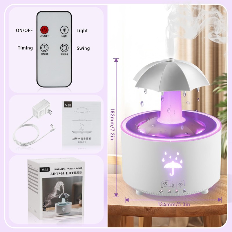 Humidifier for Bedroom, 7-Color Rotating Umbrella Diffuser with Rain Drop