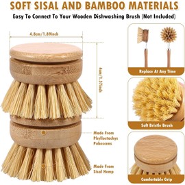 Bamboo Dish Brush, 6 Replacement Heads, Natural Washing Up Brushes Heads, Dish Scrub Brush Replacement Brush Refill, Soft Sisal Bristle Dish Scrubber, Palm Brush for Kitchen Cleaning Pots Pans