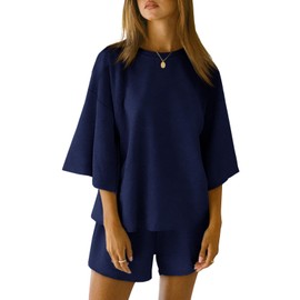 Tankaneo Womens Pajama Sets 3/4 Sleeve Oversized Tops and Elastic Waist Shorts Lounge Sets Loungewear Navy