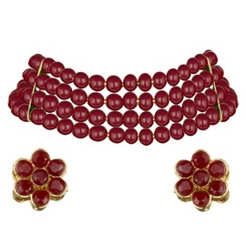 Aheli Pearl Beaded Choker Necklace with Stud Earrings for Women Indian Traditional Bollywood Jewelry Set