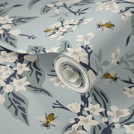 Peel & Stick Wallpaper Swatch - White Floral Light Blue Spring Summer Medium Bees Flowers Custom Removable Wallpaper by Spoonflower