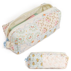 shiprabags Cute Quilted Pencil Case for Girls Women, Aesthetic Small Floral Pencil Pouch,Slim Soft Pencil Bag for School Supplies Makeup Pouch for School & Daily Use (blue pin)