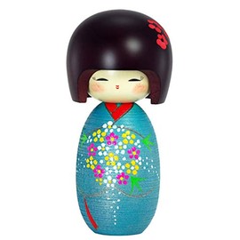 YokohamaUSA Japanese 6.25" H Kokeshi Wooden Doll Blue Kimono SOSAKU by Masae Fujikawa Japan