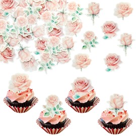 Ephlyn 48Pcs Rose Cupcake Toppers Wafer Paper Rose Flower Cupcake Picks Rose Edible Cupcake Decorations for Roses Theme Wedding Engagement Valentine's Day Birthday Party Decoration Supplies Pink