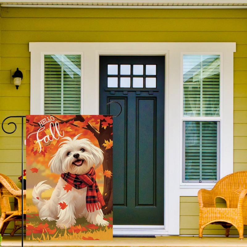 Hello Fall Garden Flag 12x18 Double Sided, Maltese-Dog Garden Flag