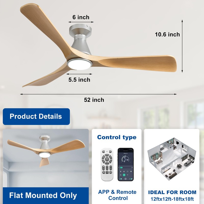 Depuley 52-Inch Ceiling Fans with Lights: Wood 3 Blade Flush