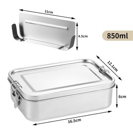 304 Stainless Steel Lunch Box Stainless Steel with 1 Compartment, Lunch Box Movable Divider Leak-Proof Lunch Box with Divider for Family School Hiking Lunch 850 ml 16.5 x 12.1 x 6 cm