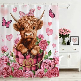 Mocsicka Valentines Shower Curtain, Cute Funny Highland Cow Pink Floral Heart Shower Curtain for Valentine Day Bathroom Decor Waterproof Bath Curtain, 72 X 72inch
