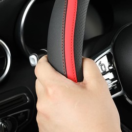 Car Steering Wheel Cover, Leather Steering Wheel Cover Red Universal 14.5-15 Inch Microfiber Leather Anti-Slip Breathable Auto Steering Wheel Covers for Men Women (Black&Red)