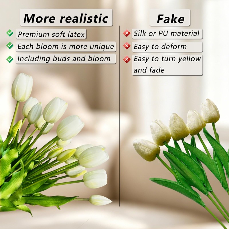 LYLYFAN 20 Pcs Artificial Tulips Flowers White Faux Tulip Flowers