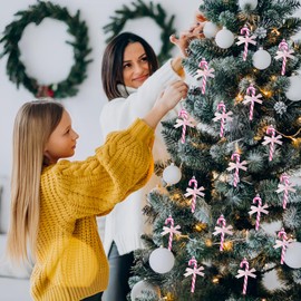 6 Pack Candy Cane Christmas Tree Decorations with Ribbon Glitter Pink Christmas Tree Hanging Ornaments for Xmas,New Year Party Decor Supplies