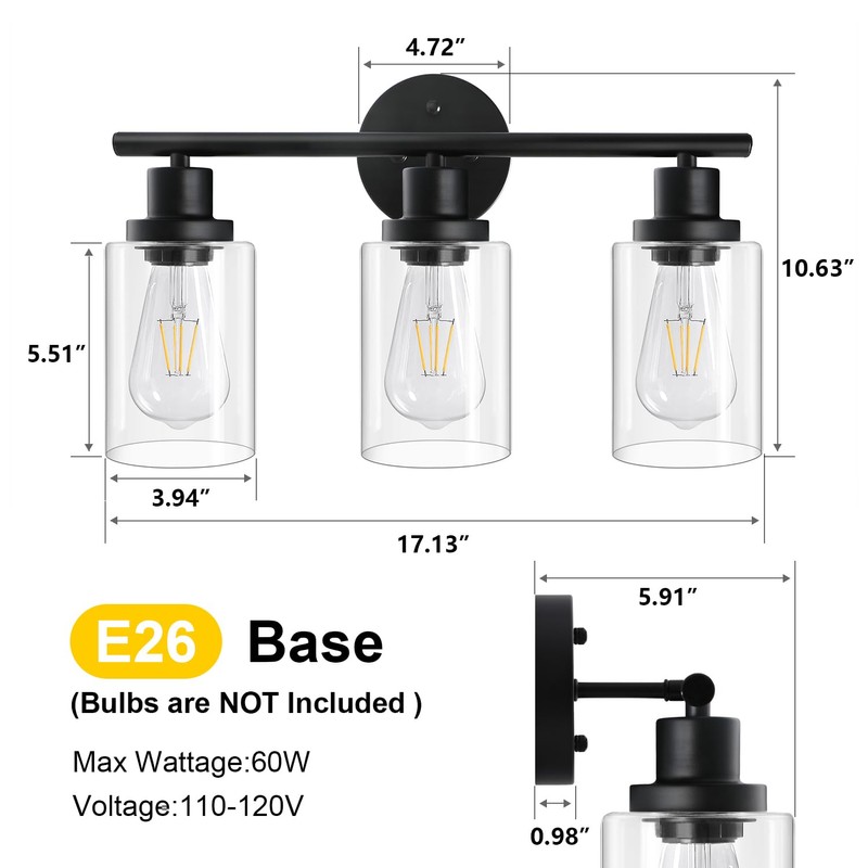 Unicozin Modern Bathroom Light Fixtures, 3 Light Vanity Lights, Black