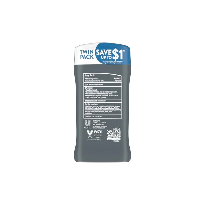 Dove Men+Care Men+Care Antiperspirant Stick, Clean Comfort, 2.7 oz, Twin