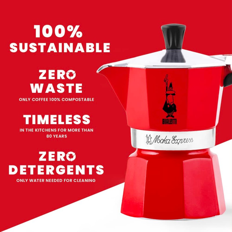 Bialetti Moka Express Red Caffettiera in Alluminio, 1 Tazza, Rosso,30