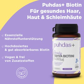 puhdas+ Strong Biotin 5.000 µg [60 vegane Kapseln] Starkes Biotin hochdosiert, 100% veganer Naturkomplex, Komplex hergestellt in Finnland