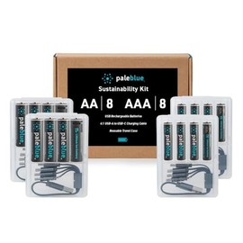 USB Rechargeable Smart Batteries by Pale Blue, Lithium Ion, Under 90 Minute Charge Time, Over 1000 Cycles, 4-in-1 USB to USB-C Charging Cable, LED Charge Indicator (8 AA and 8 AAA Batteries)